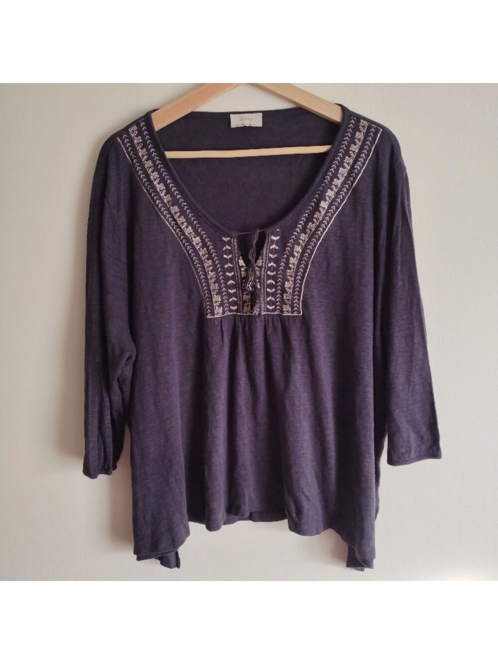 Wrap London Linen Blouse US 18 Relaxed Fit Gray Peasant Top w Embroidery
